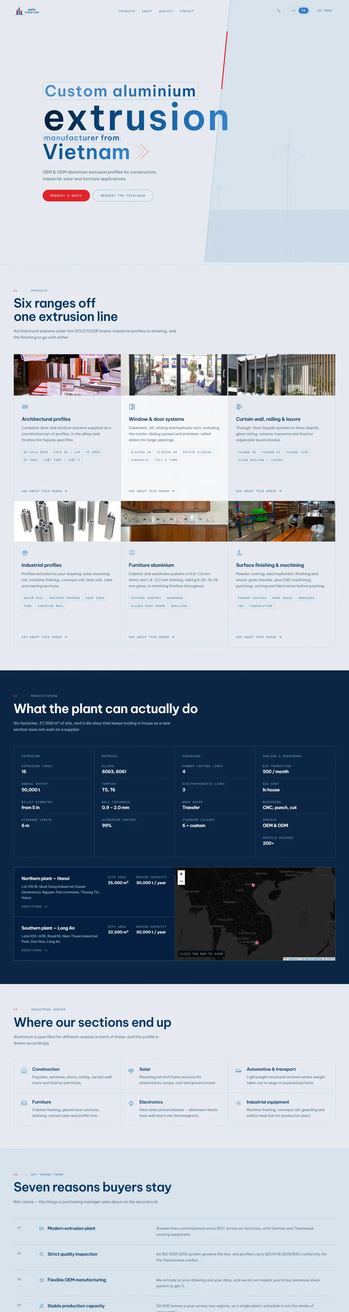 Four screens of the Truong Thanh site: the headline “Custom aluminium extrusion manufacturer from Vietnam” over a blueprint drawing of the extrusion line; six product ranges shown as photographed profiles; a dark specification panel giving press tonnage, alloys and plant capacity; and the industries the sections are used in.