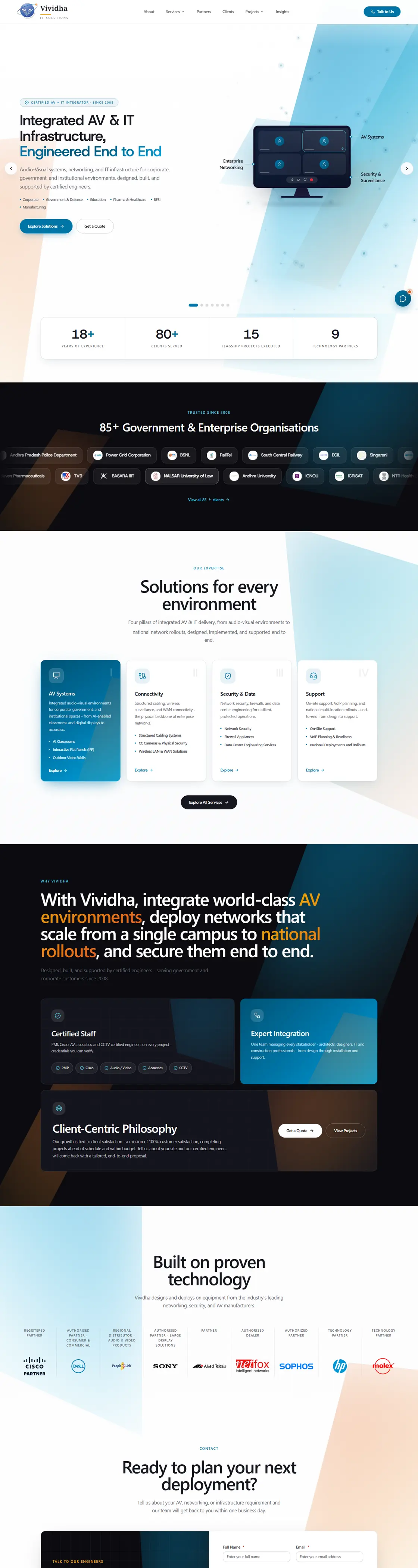 Four screens of the Vividha IT Solutions site: the headline “AV Systems Integration, Boardroom to Auditorium” beside an illustration of a conferencing screen; a dark band listing government and enterprise organisations served; four pillars of service delivery; and the enquiry section.